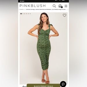 Pinkblush Green Ditsy Floral Ruched Shoulder Tie Maternity Dress Small